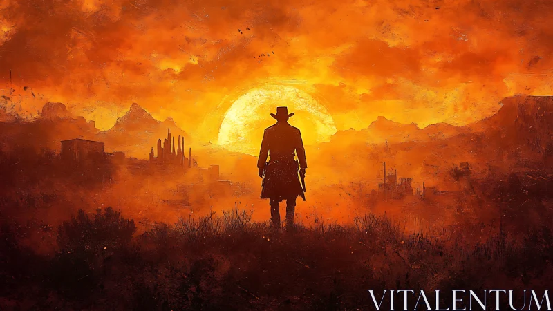 Silhouetted gunslinger against blazing desert sunset sky