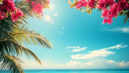 Tropical blossoms crown a sunlit turquoise ocean horizon.