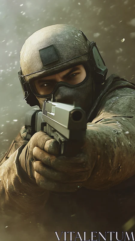 Tactical soldier aiming sidearm through dense battlefield haze.