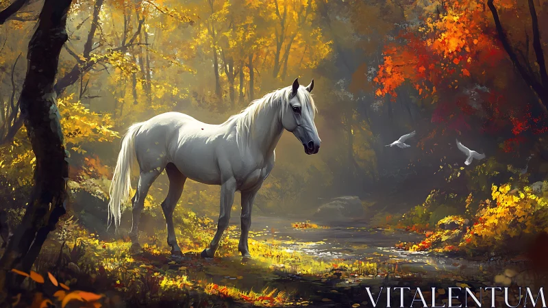 White horse standing in sunlit autumn forest stream scene