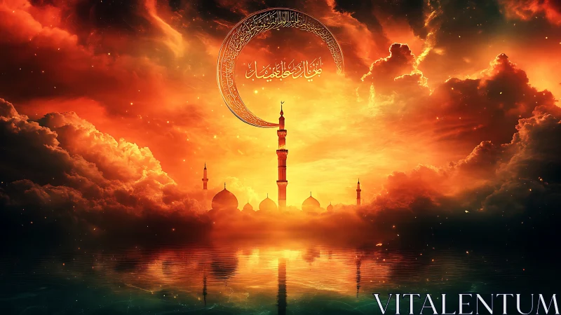Crescent calligraphy cradles a luminous mosque at sunset
