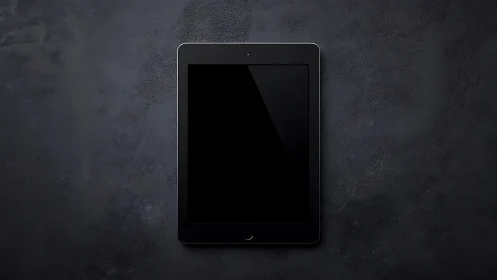 Black tablet device on dark textured surface.