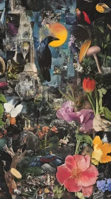 Surreal avian-botanical collage with layered nocturne lighting.