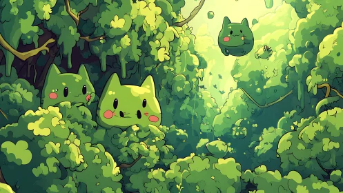 Whimsical Cats Nestled in Lush Forest Canopy