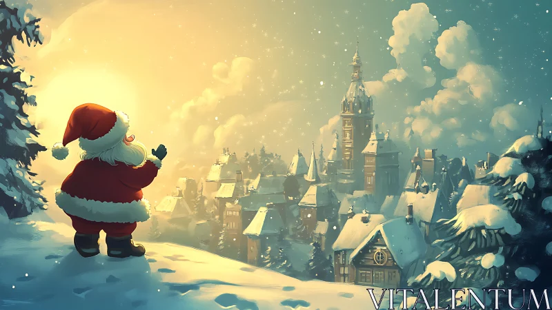 Santa overlooking luminous winter village skyline at dusk.