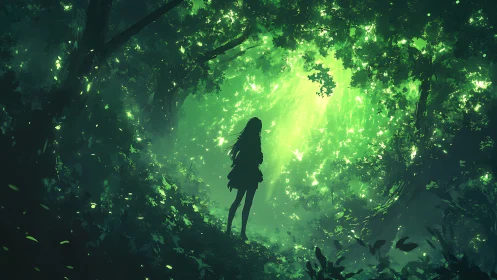 Silhouetted Figure in Luminous Forest Canopy