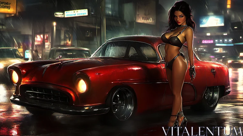 Red vintage car and model on wet neon city street at night.