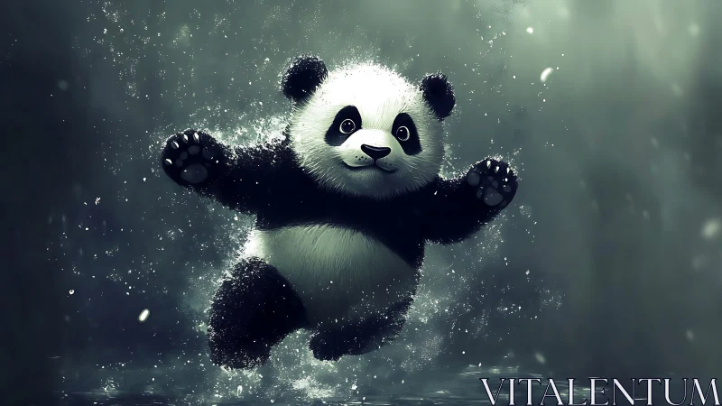 Joyful baby panda splashes in water with playful delight