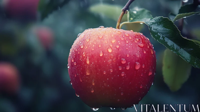 Rain-kissed red apple glowing quietly on the branch.