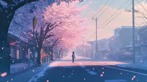 Solitary figure walks under luminous cherry blossoms at dusk
