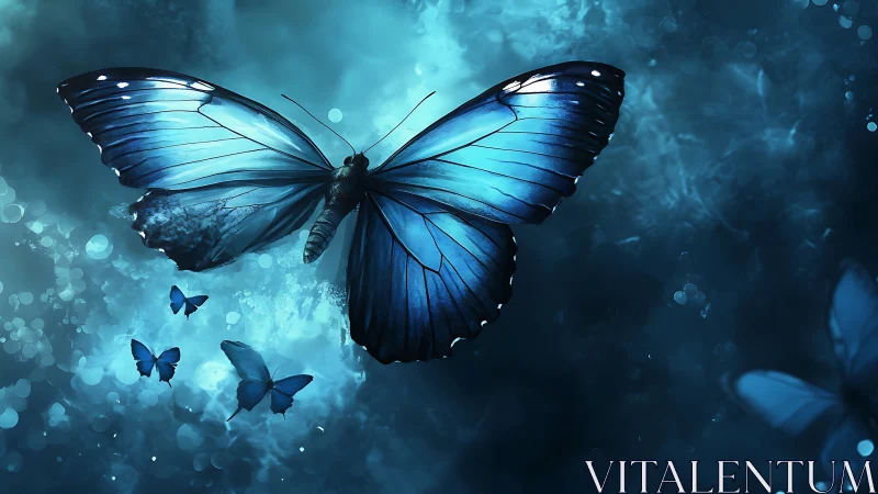 Midnight sapphire butterfly drifting through luminous hush.