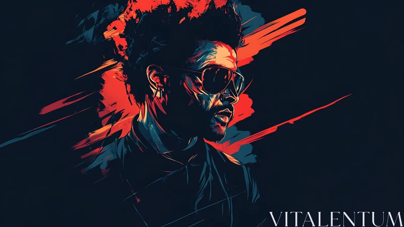 Stylized male portrait with red and teal abstract strokes.