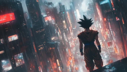 Cyberpunk warrior silhouette overlooking neon rain city