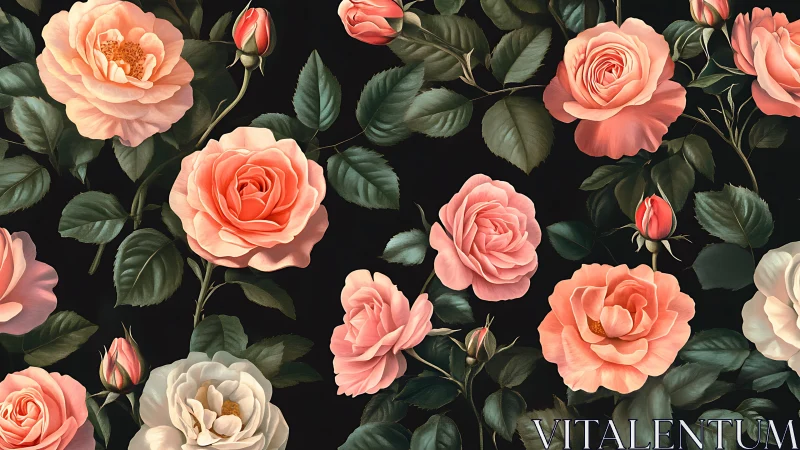 Romantic Rose Garden on Black: Coral Blooms with Lush Foliage