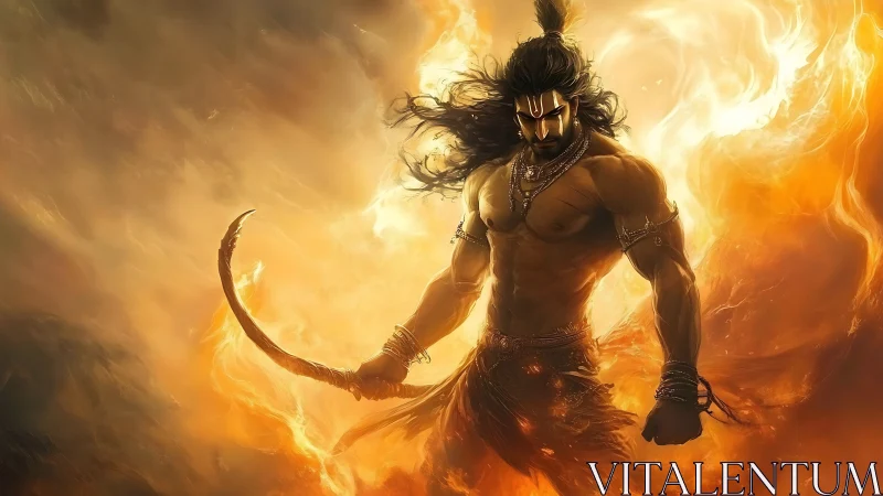 Mythic warrior in swirling flames holding curved weapon.