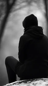 Backlit winter silhouette seated on snow in shallow depth of field