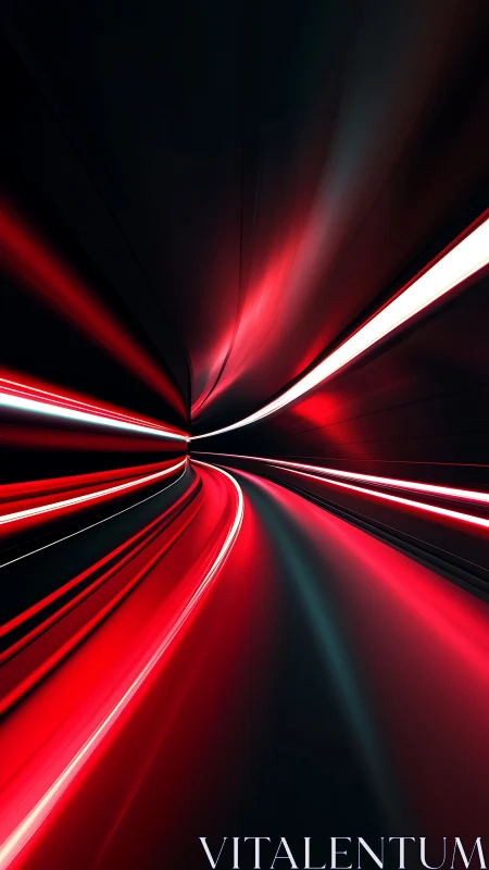 Red light trails curve through dark abstract tunnel space.