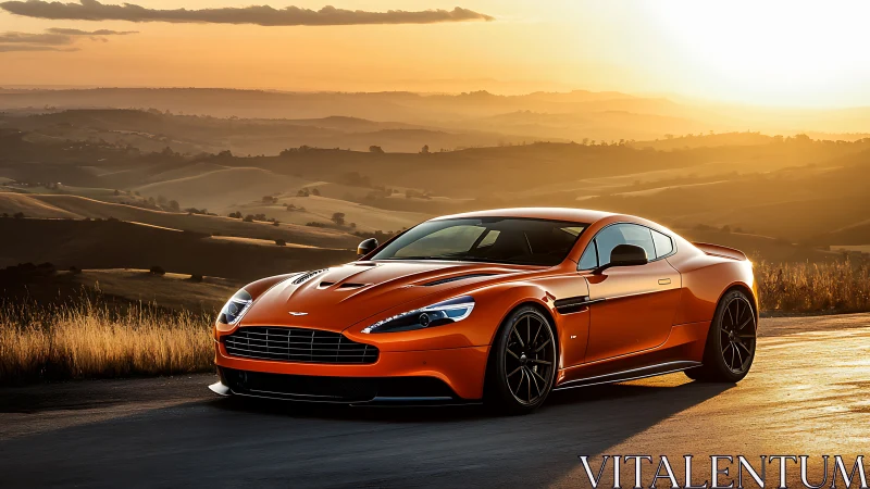 Sunlit orange grand tourer coupe on rural mountain highway