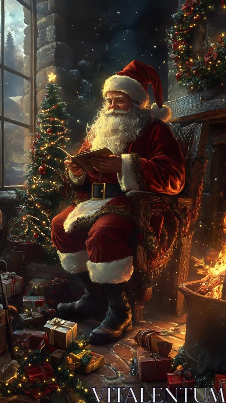Santa reads by the hearth in a warmly glowing Christmas room.