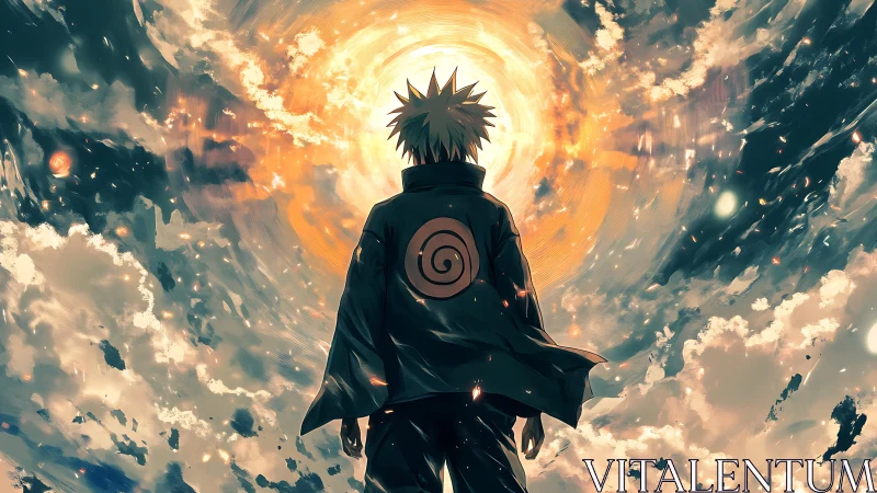 Determined hero gazes toward a glowing, stormy sky.