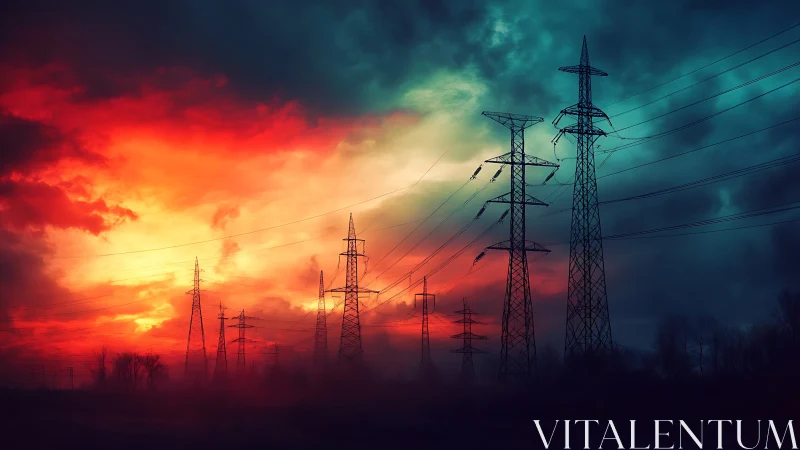 Electric towers stand tall beneath a dramatic fiery sunset