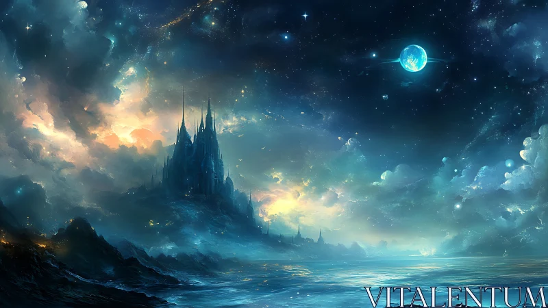 Celestial citadel above luminous alien shoreline at dusk.