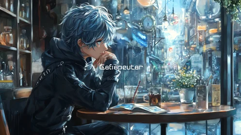 Melancholic blue haired teen in rainy city cafe interior.