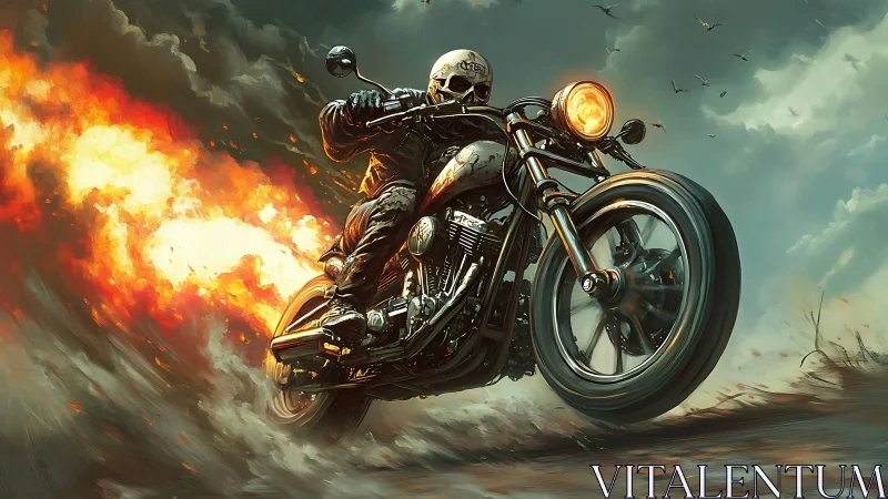 Flaming skull rider accelerates motorcycle through stormy wasteland