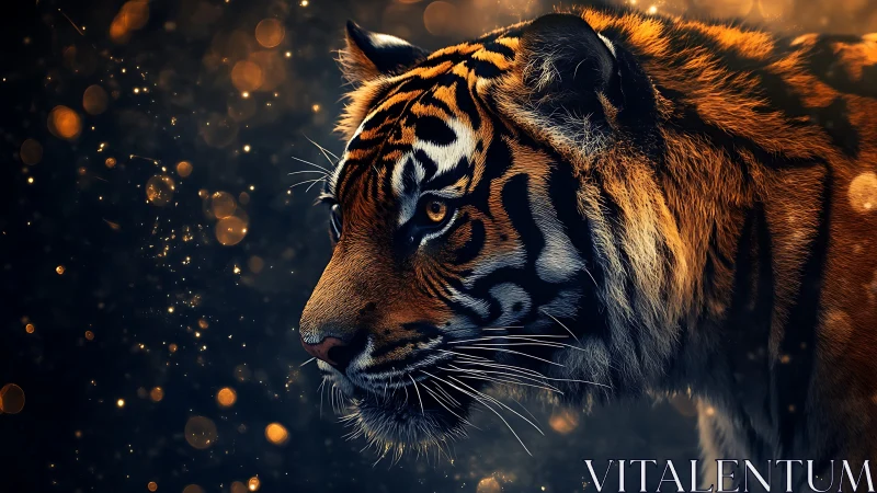 Embers drift while the tiger patrols a glittering midnight