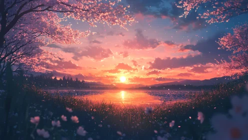 Serene cherry blossom lakeside glows under a vivid sunset sky
