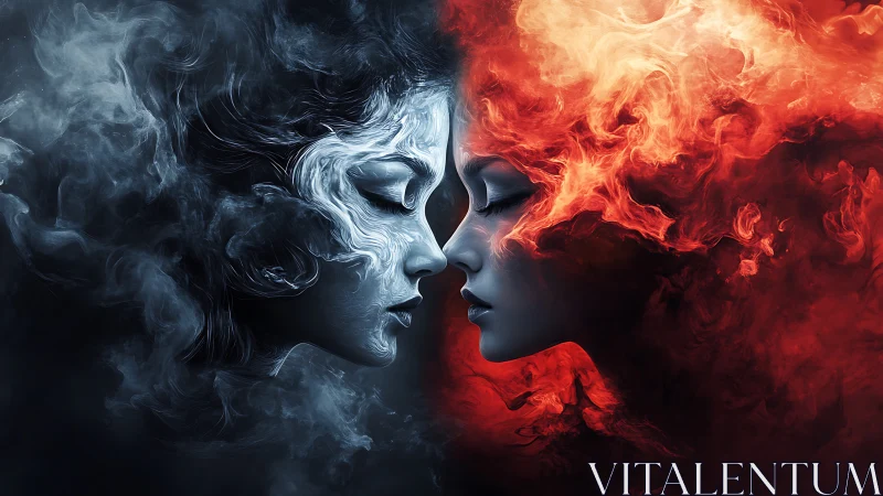 Twin elemental faces meet in a charged clash of fire and ice