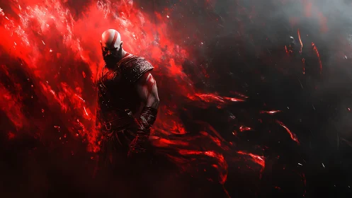 Bald warrior in red energy swirl against dark background.