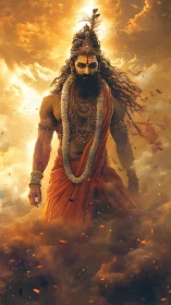 Mythic warrior sage in blazing saffron amid swirling embers