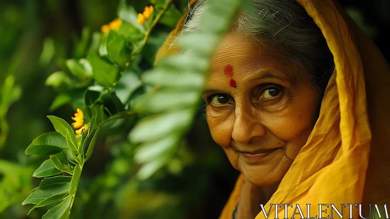 Elderly Indian Woman Smiling in Nature, Vibrant Portrait Style.