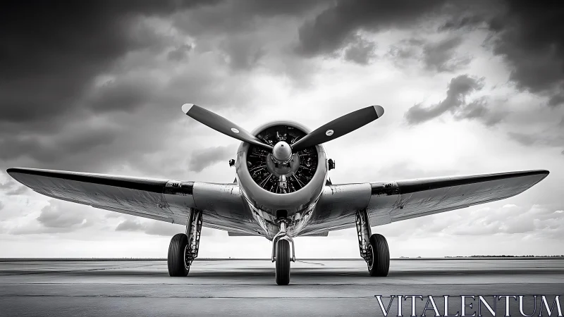 Stormbound warbird waits under brooding monochrome skies.
