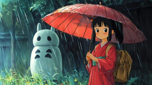 Rain-soaked shrine girl trades secrets with a forest spirit