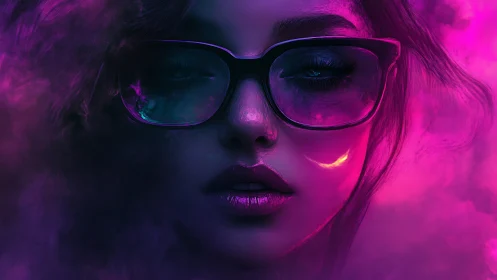 Digital portrait presents neon-lit face with reflective glasses