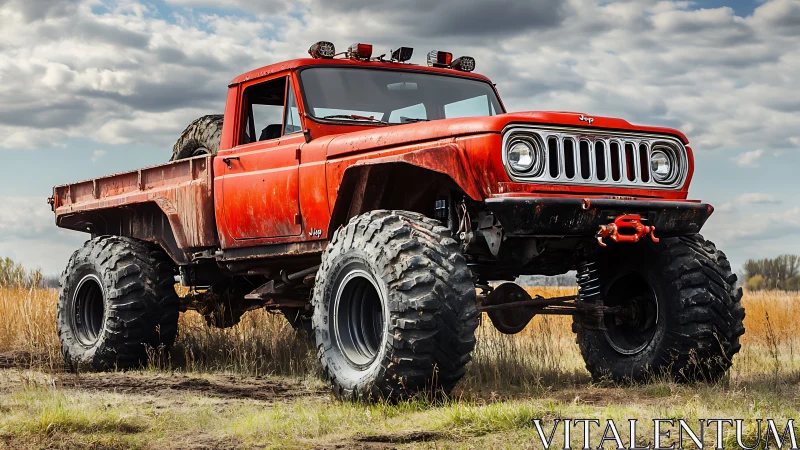 Lifted red Jeep pickup truck on giant off-road mud tires.