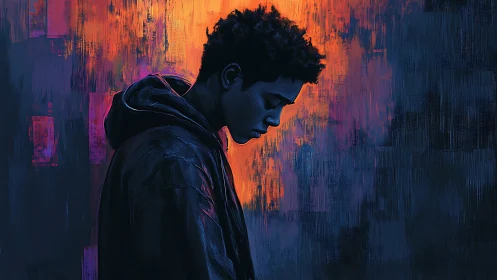 Melancholic youth in hoodie against neon abstract backdrop.