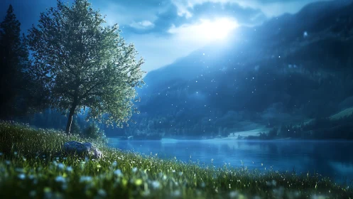 Moonlit lakeside tree under glowing night sky panorama.