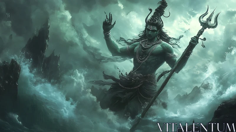 Mythic warrior with trident in stormy ocean landscape.