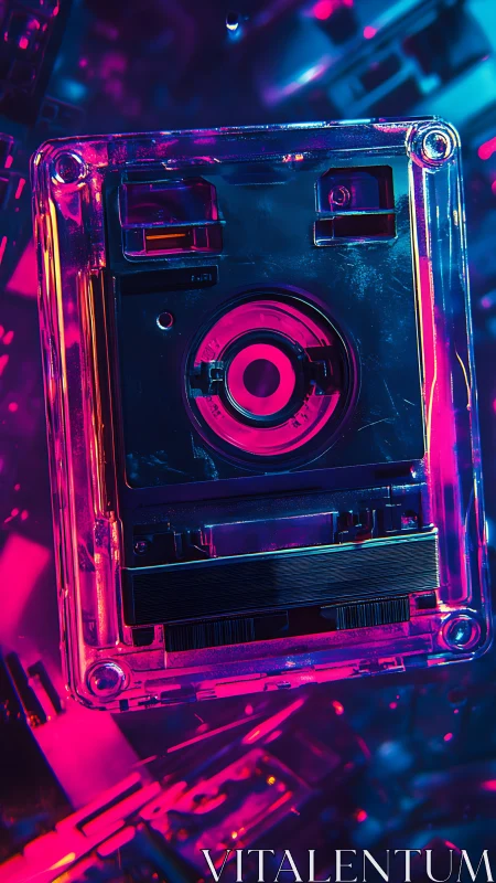 Neon-illuminated cassette drive rendered in cyberpunk chroma