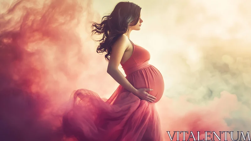 Graceful pregnant profile framed by ethereal color clouds