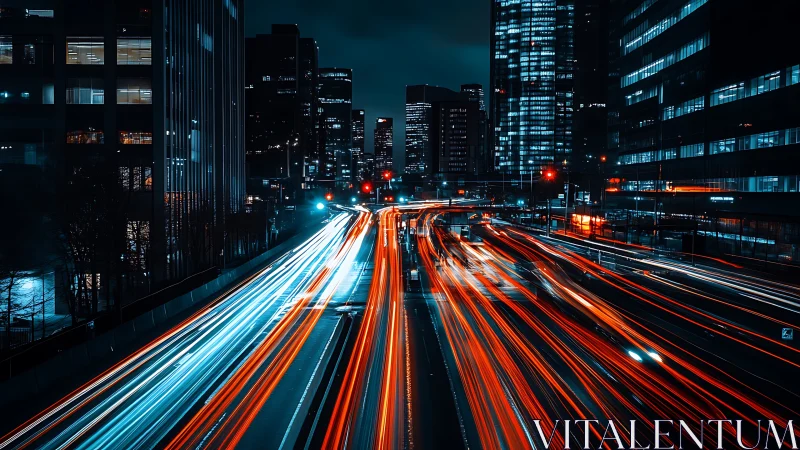 Long exposure records traffic light trails in city at night