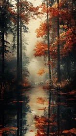 Autumn's Peaceful Waterway Through Misty Woods