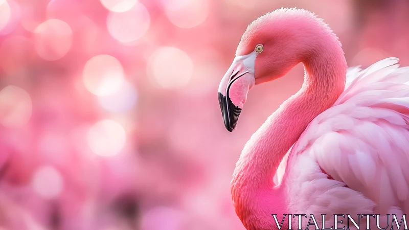 Elegant pink flamingo portrait with dreamy bokeh background.