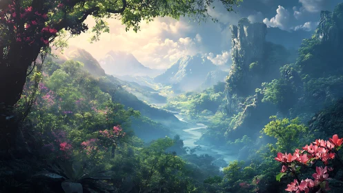 Lush river valley with misty cliffs and distant mountain peaks