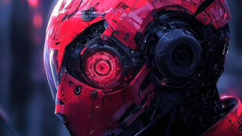 Crimson cybernetic helmet gazes ahead with glowing focus