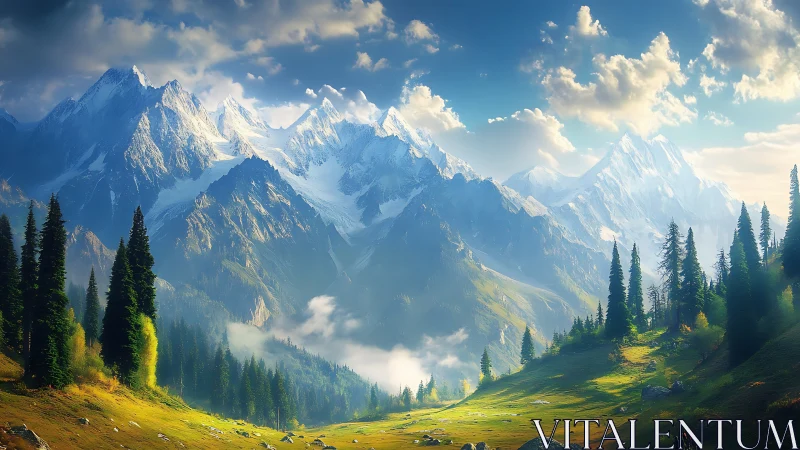 Morning sunlight rolls gently across peaceful alpine peaks