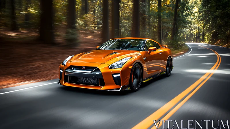 Orange sports coupe gliding through a sunlit forest road.